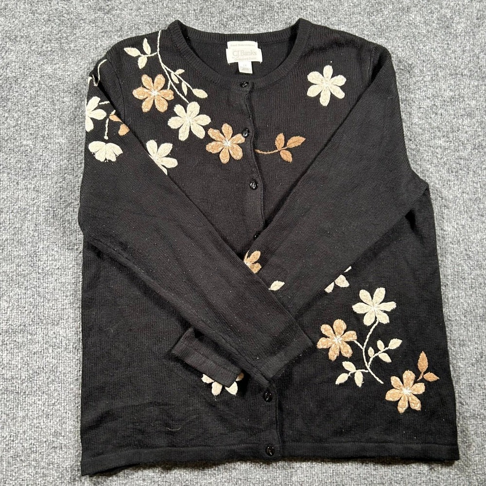 CJ Banks Cardigan Womens Size 1X Black Hand Embroidered Floral Button Up Knit